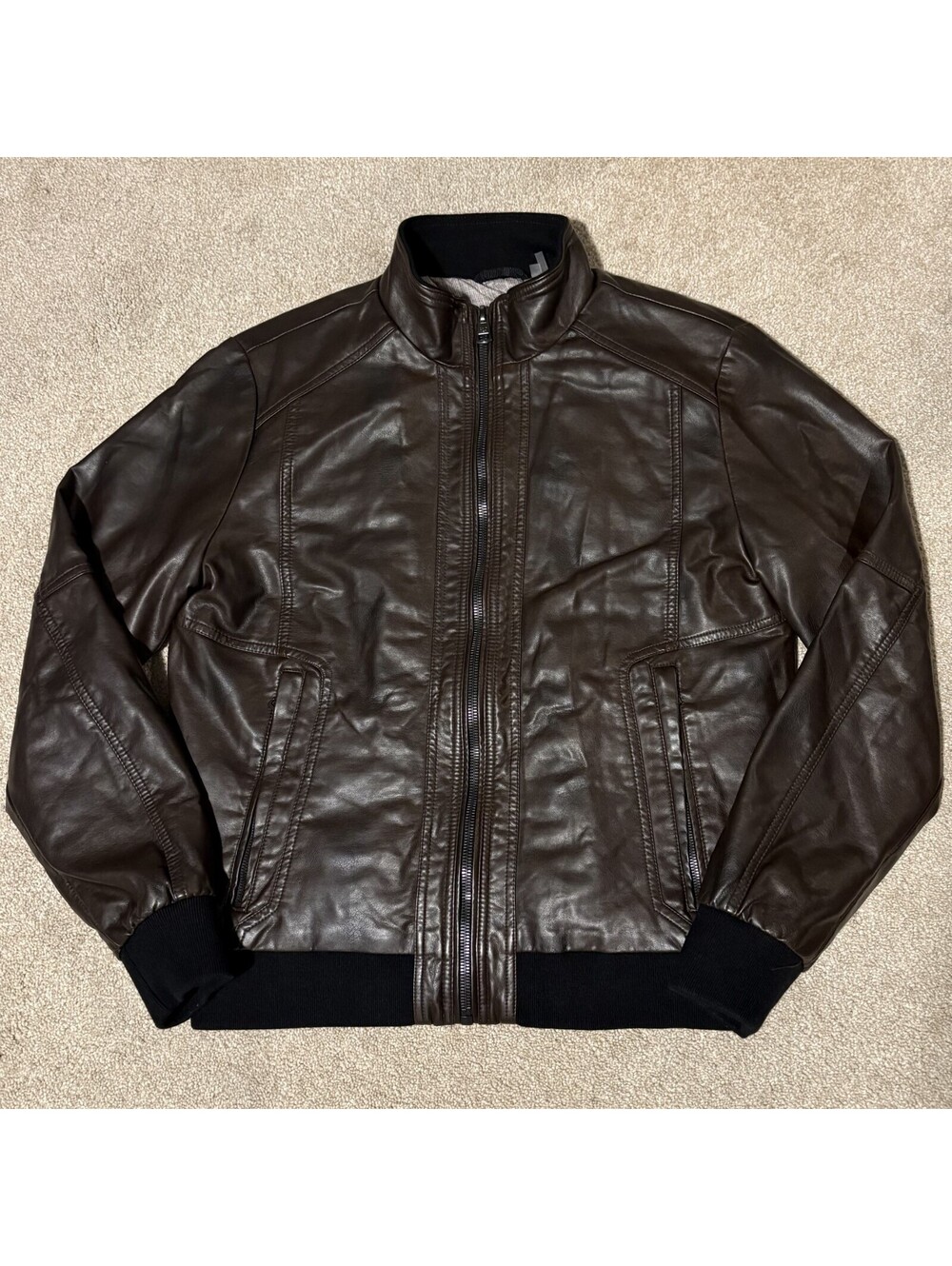 Calvin Klein Mens Small Faux Leather Jacket Brown Quilted Lining Moto Bomber Zip